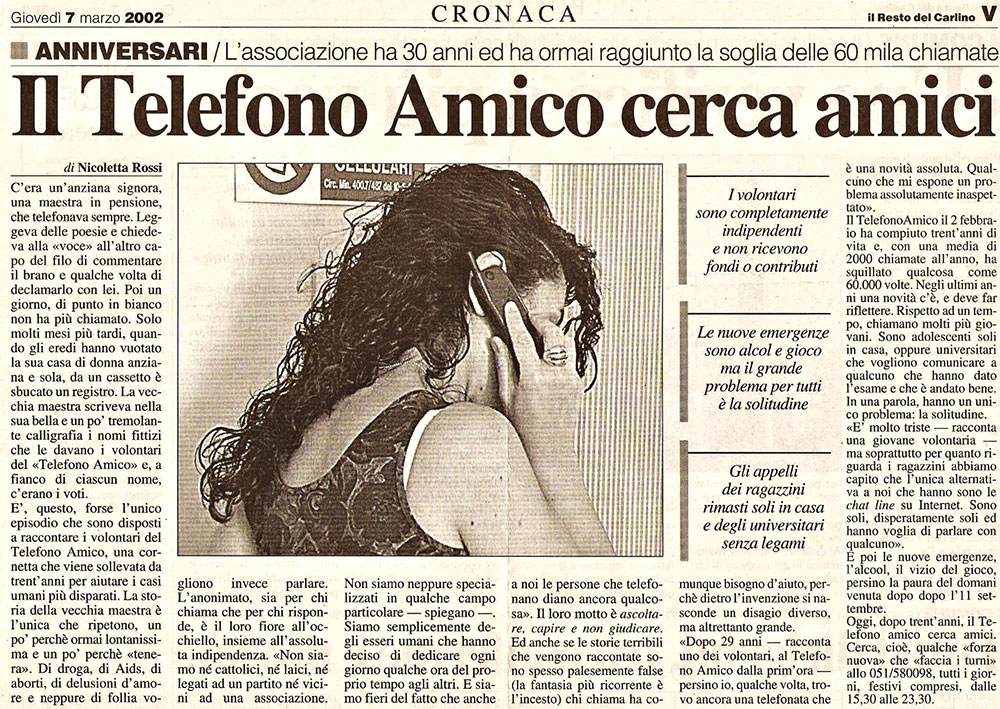 Il Telefono Amico cerca amici, Resto del Carlino del 7 marzo 2002