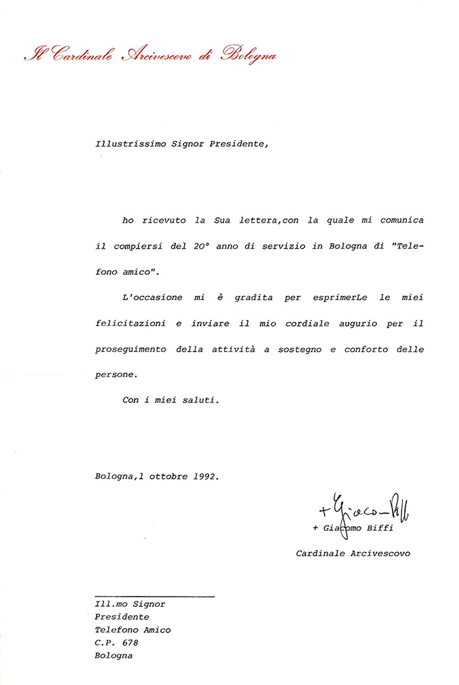 Lettera del Cardinale Arcivescovo di Bologna, Giacomo Biffi