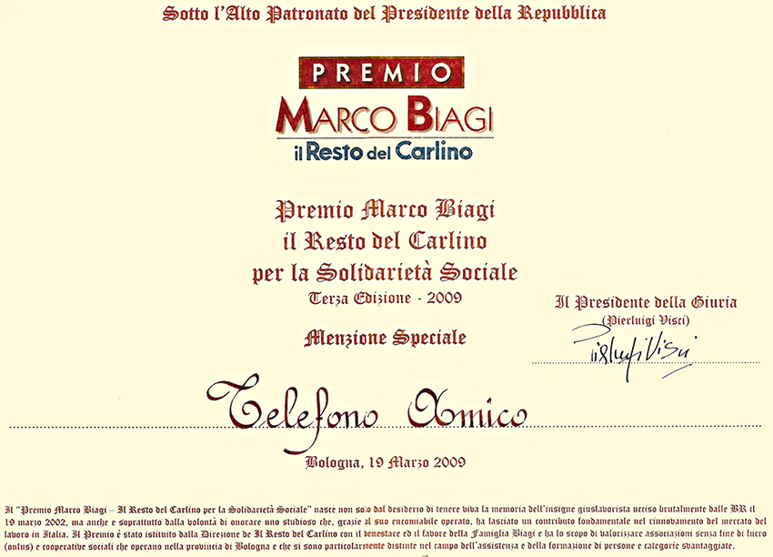 Telefono Amico di Bologna, premio marco Biagi del 2009