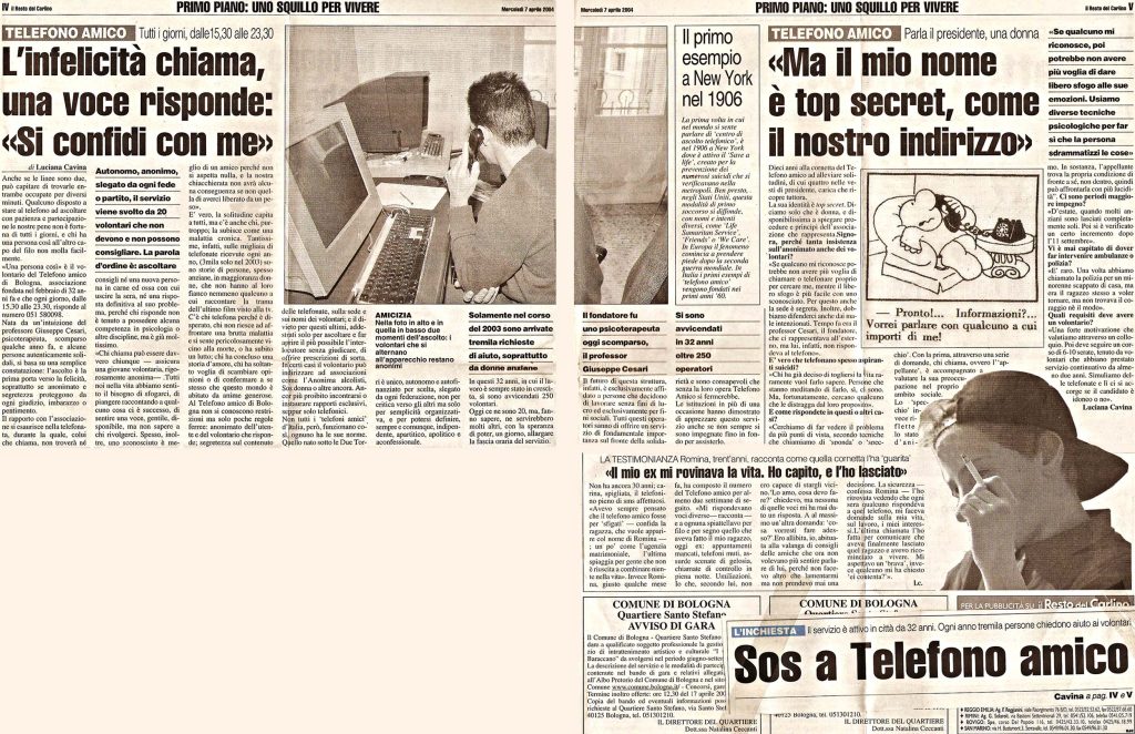 Telefono Amico di Bologna, Resto del Carlino 7 aprile 2004