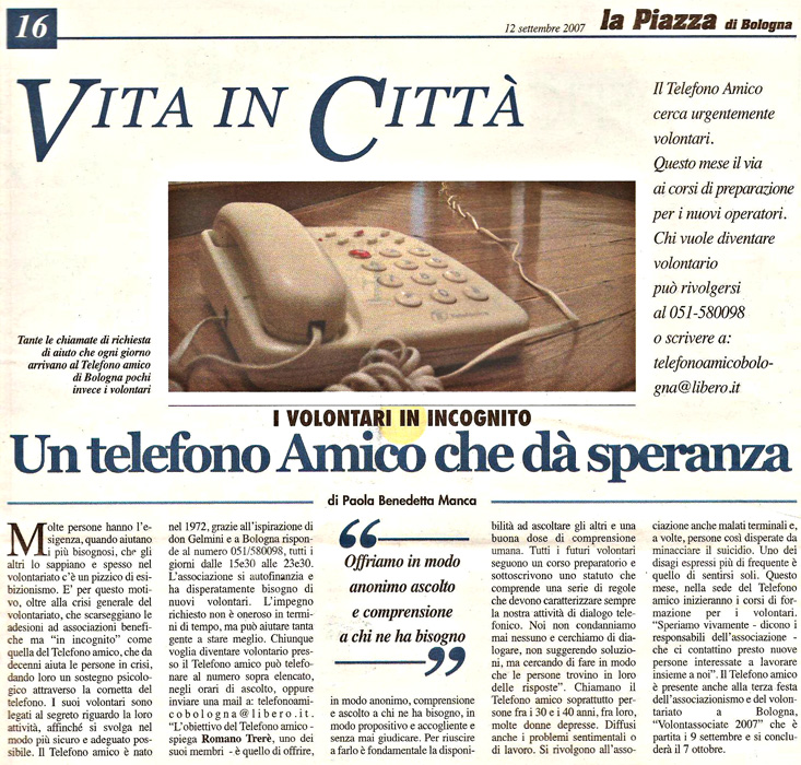 Un Telefono Amico che dà speranza: La Piazza di Bologna, 12 settembre 2007